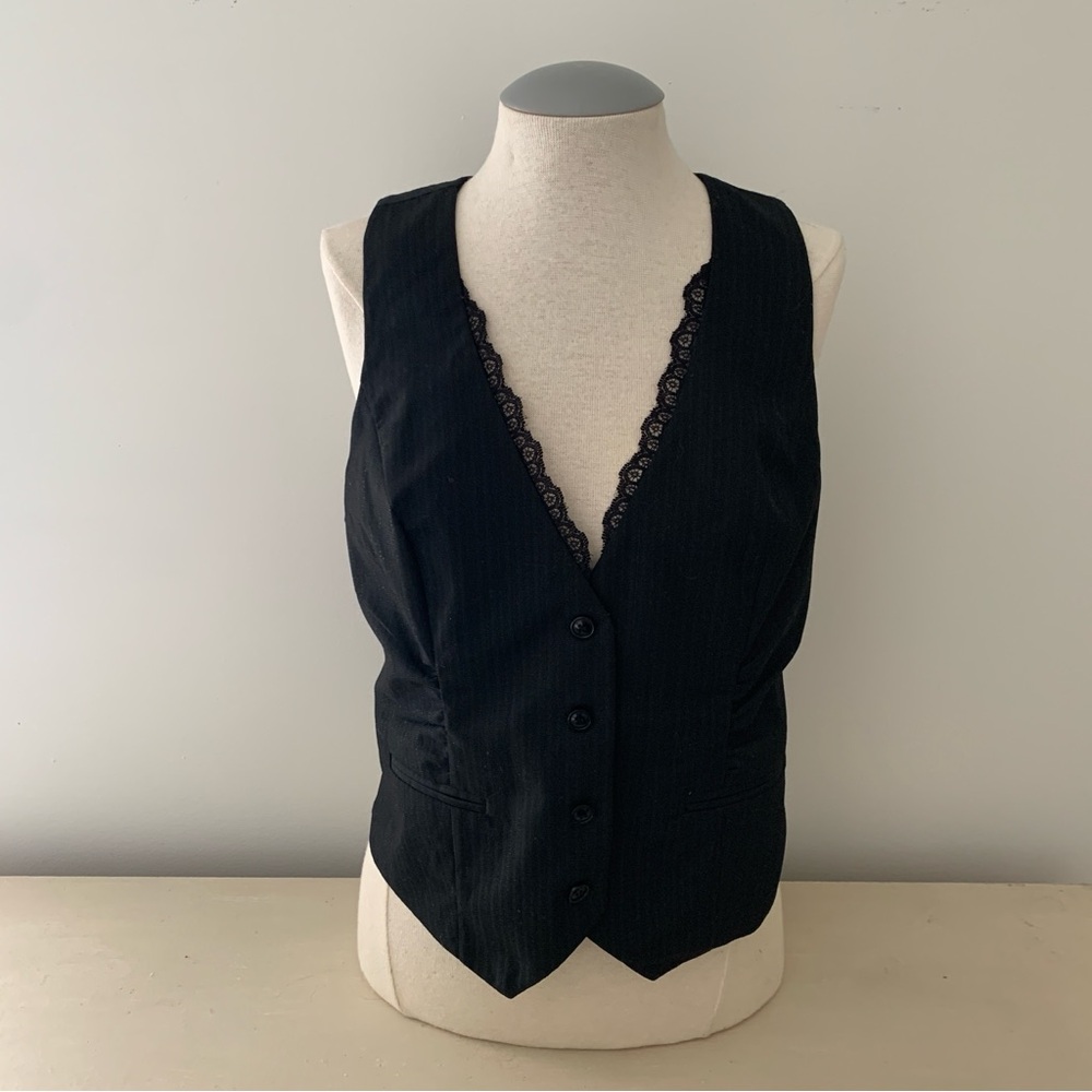 Charlotte Russe Women’s Alternative Fashion Pinstripe Goth Black Lace Trim Vest